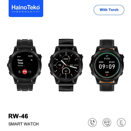 Haino Teko Germany RW46 Roundshape AMOLED Display Smart Watch With Built inTorch 3 Pair Straps and Wireless Charger Designed For Gents and Boys Black