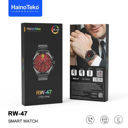 Haino Teko Germany RW47 Round Shape AMOLED Display Smart Watch With 3 Pair Straps and Wireless Charger For Men's Black