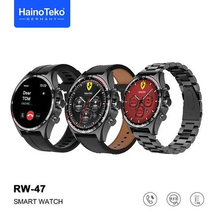 Haino Teko Germany RW47 Round Shape AMOLED Display Smart Watch With 3 Pair Straps and Wireless Charger For Men's Black