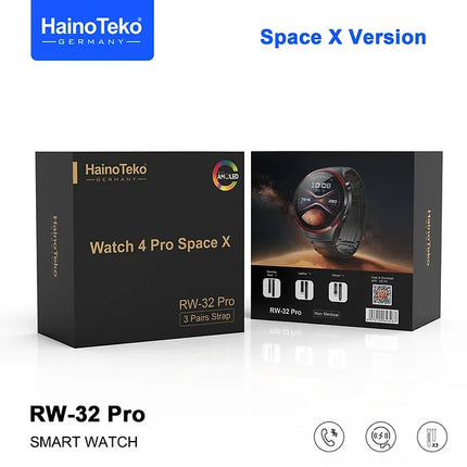 Haino Teko Germany Men’s 4 pro RW 32 Pro AMOLED Round Smart Watch HD Curved Display with Three Set Strap and Wireless charger Space X Version