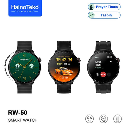 Haino Teko Germany RW50 Super Max Size Round Shape Curved AMOLED Display Smart Watch With 3 Pair Straps For Gents and Boys Black