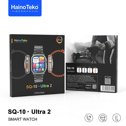 Haino Teko Germany SQ10 Ultra 2 AMOLED Display Smart Watch With 4 Spair Strap and Wireless Charger for Gents and Boys Black