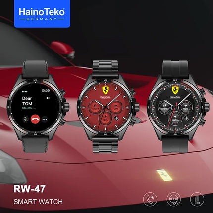 Haino Teko Germany RW47 Round Shape AMOLED Display Smart Watch With 3 Pair Straps and Wireless Charger For Men's Black