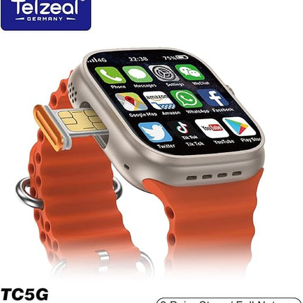 Telzeal Germany TC5G 2.2 Inch Full Screen Display Smart Watch With Sim Slot 3 Pair Straps and Wireless Charger For Ladies and Gents Silver