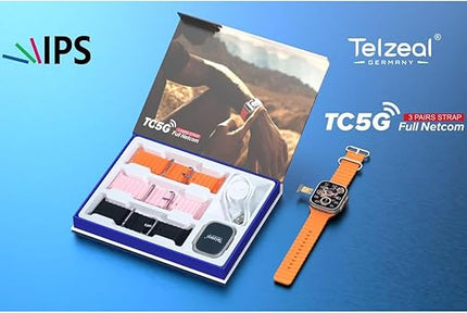 Telzeal Germany TC5G 2.2 Inch Full Screen Display Smart Watch With Sim Slot 3 Pair Straps and Wireless Charger For Ladies and Gents Silver