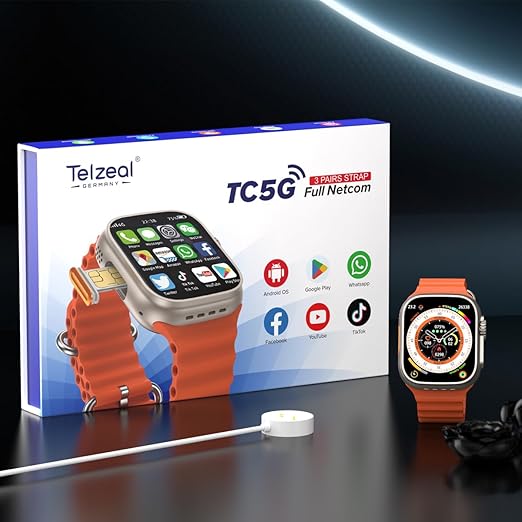 Telzeal Germany TC5G 2.2 Inch Full Screen Display Smart Watch With Sim Slot 3 Pair Straps and Wireless Charger For Ladies and Gents Silver