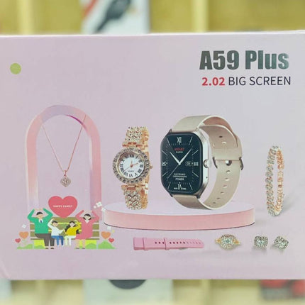 A59 Plus Ladies Premium Smartwatch Bundle: Includes 2 Straps, 1 Classic Watch, and Jewelry Set with Bluetooth Calling and 2.02" Big IPS Screen Display Smartwatch